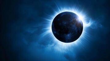 Solar eclipse with bright corona effect in the night sky. Majestic eclipse phenomena with glowing solar light. Concept of astronomical event, celestial wonder. Space for text photo