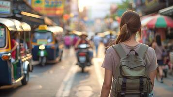 caucásico hembra turista explorador un bullicioso tailandés calle mercado. joven mujer con mochila en urbano tailandia concepto de turismo, viajar, exploración, y cultural foto