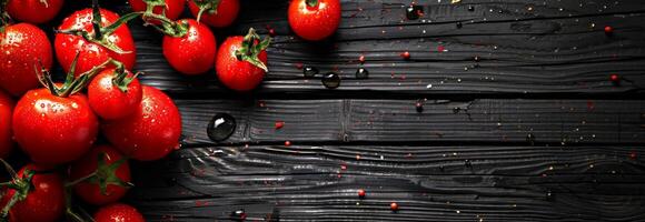 Red ripe tomatoes with stems on rustic wooden background. Fresh tomatoes, organic vegetables, healthy food, nature concept. Banner. Copy space photo