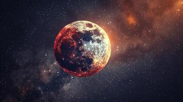 Red moon glowing in a starry sky. Crimson lunar surface amidst stars. Concept of space, astronomy, celestial phenomena, beauty. Copy space photo