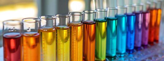 Colored liquids in test tubes arranged in a row in a laboratory setting. Concept of science, experiment, chemistry, research photo