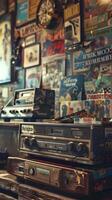 Vintage Audio Equipment and Retro Posters in a Nostalgic. Concept of retro cassette tape player, music memorabilia, historical soundtracks, and cultural nostalgia photo