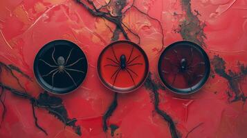 Creepy Halloween-themed decoration featuring black spiders on vibrant red dishes with a red background. Concept of Halloween, spooky decor, creepy crawlies, festive design photo