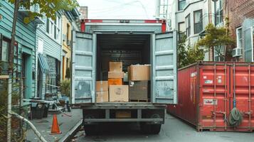 Open moving truck on an urban street with cardboard boxes inside. City relocation, moving day, urban transition, residential moving concept photo