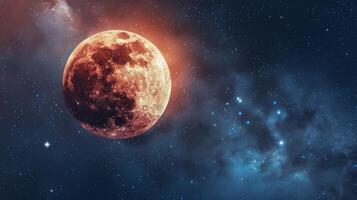 Total lunar eclipse, showing the moon fully enveloped in Earth's umbra, displaying a vivid red hue against the backdrop of a star-filled sky. Concept of celestial event, astronomy, lunar phenomenon photo