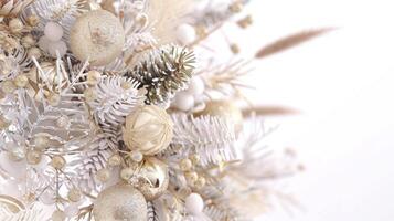 Decorated Christmas tree with white and gold ornaments. Isolated on a white background with space for text. Holiday, Christmas, decoration, elegant design concept photo