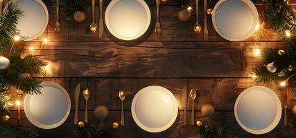 Elegant holiday table setting with candles and festive decorations on a wooden surface. Concept of celebration, festive dining, cozy atmosphere, Christmas dinner. Copy space photo