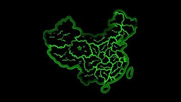 Neon frame effect map of China, glow, black background. video