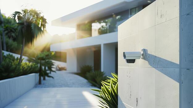Security camera mounted on the wall of a modern house with a garden. Surveillance camera overseeing the entrance of a luxury residence. Security, modern architecture, technology, surveillance concept photo