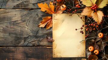 Autumn-inspired flat lay with blank card. Fallen leaves and berries frame the space. Concept of autumn, seasonal greetings, fall designs, and blank canvas. Mockup for design. Copy space photo
