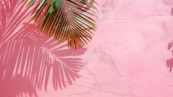 palma hoja fundición un sombra en un texturizado vibrante rosado pared. tropical planta en contra vívido fondo. brillante verano tropical antecedentes. concepto de naturaleza, sencillez. Bosquejo para diseño. Copiar espacio foto