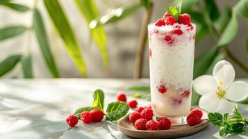 Sweet Thai red ruby dessert Tub Tim Grob in tall glass, featuring crunchy water chestnuts in tapioca flour and icy coconut milk, garnished with fresh raspberries. Exotic Asian dessert. Copy space photo