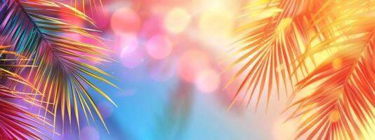 Bright summer tropical background with colorful pastel palm leaves and bokeh effects. Trendy botanical wallpaper with blue and pink colors. Wide banner. Copy space. Mockup for design photo