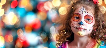 Girl with festive sugar skull face paint on bokeh background. Child with artistic Dia de los Muertos makeup. Concept of Mexican culture, Halloween celebration, and vibrant tradition. Copy space photo