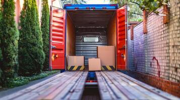 Boxes prepared for shipping inside an open delivery truck. Logistics, transportation, parcel service, packaging preparation concept photo