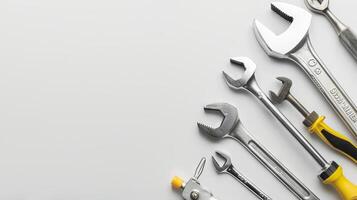 Various construction tools on a white background. Concept of building, repair work, engineering, craftsmanship, hand tools. Top view. Copy space photo