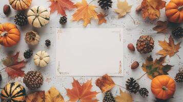 Autumn-themed frame with pumpkins and dry leaves. Fall decoration border around a blank paper. Copy space. Mockup. Concept of autumn harvest, Thanksgiving backdrop, Halloween, festive decor photo