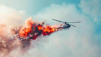 Helicopter in smoky sky during dramatic rescue mission. Airborne chopper in a cloud of smoke. Concept of emergency response, aerial rescue, and aviation photo