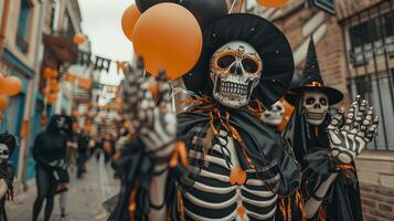 Halloween parade with people in skeleton costumes and orange and black balloons. Concept of festive celebration, costumes, holiday, and crowds photo