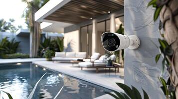 Modern security camera monitoring luxurious backyard with pool. Outdoor surveillance technology. Concept of home security, smart devices, luxurious living, safety photo