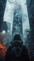 Hooded figure walking through neon-lit street in the rain. A man in a black cloak. Stranger. Urban night scene. Concept of mystery, solitude, city life, atmospheric scene photo