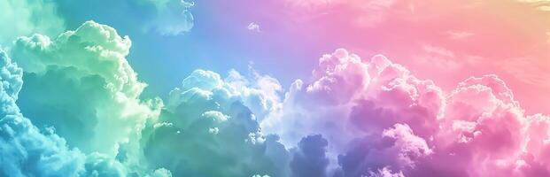 Vibrant clouds in sunset sky with pink and blue hues. Nature beauty, serene atmosphere, calmness concept. Rainbow clouds. Beautiful sky background. Heaven. Colorful Cloudscape. Space for text photo