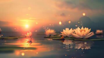 Water lilies floating on a tranquil water surface at sunset. Serene scene with lotus flowers. Concept of peace, nature, and relaxation. Celebratory greeting with Space for text photo