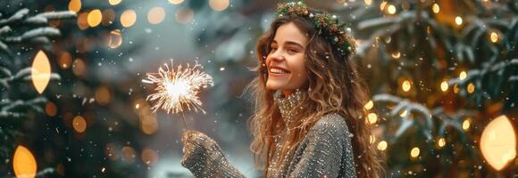 Smiling woman with sparkler in hand wearing festive wreath amidst twinkling holiday lights and snowy trees. Concept of celebration, winter festival, joy, festive mood. Copy space. Christmas, New Year photo
