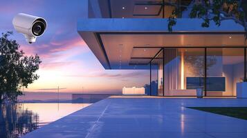 Modern house with security camera at sunset. Contemporary home featuring surveillance system and infinity pool. Security, modern architecture, technology, surveillance concept photo
