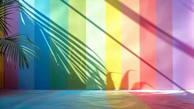 Iridescent palm leaf with vivid spectrum of colors casting intricate shadows on colorful wall. Concept of nature, light effects. Bright wallpaper. Mockup for design. Space for text photo