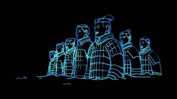 Neon frame effect Terracotta Army in China, glow, black background. video