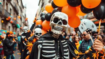 Halloween parade with people in skeleton costumes and orange and black balloons. Concept of festive celebration, costumes, holiday, and crowds photo
