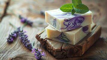 Lavender infused soap bars stacked with fresh lavender sprigs on a glowing, dreamy background. Scented herbal soap. Concept of natural skincare, relaxation, and aromatic therapy. photo