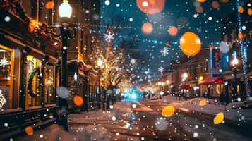 Festive winter street with Christmas lights and snowflakes. Concept of holiday decorations, winter wonderland, seasonal celebration, magical night photo