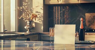 Champagne bottle and flute glasses near blank card with space for text. Mockup for event invitation, brand promotion. Concept of luxury drink branding, dining elegance, gala events. Copy space. photo