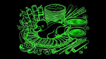 Neon frame effect Peking duck as food, glow, black background. video