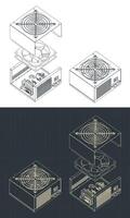 Disassembled PSU isometric blueprints vector