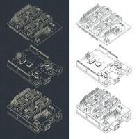 Arduino Uno and CNC shield drawings vector