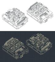 Arduino Uno and CNC shield isometric blueprints vector