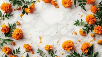 Orange marigold flowers scattered on white marble backdrop. Copy space. Concept of floral arrangement, nature beauty, botanical design. Day of the Dead, Dia de los Muertos celebration. Greeting card photo