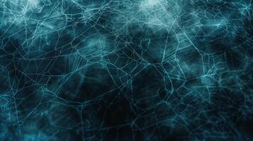 Spider web with intricate patterns on a dark blue background. Halloween decor, spooky ambiance, delicate cobweb concept. Texture. Banner. Copy space photo