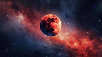 Total lunar eclipse showing the moon in deep red color, framed against star-filled sky, emphasizing vivid color contrast and celestial wonder. Concept of eclipse, space phenomena, astronomy event photo