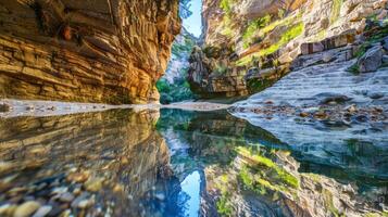 Serene canyon mirrored in a tranquil river with lush greenery. Calm gorge reflected in clear water with vibrant plants. Concept of natural beauty, tranquility, outdoor scenery photo