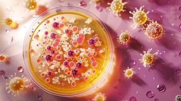 Close-up of various microorganisms in a petri dish under a microscope. Microbes and cells. Concept of biology, laboratory research, microbiology, cellular organisms photo