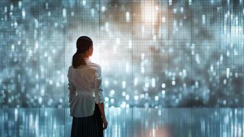Woman observing digital displays with abstract light patterns. Technology theme in a futuristic setting. Concept of digital transformation, technology in business, and innovative environments. photo
