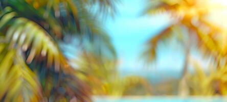 Bright tropical background with palm leaves, ocean with bokeh effect on sunny day. Vivid foliage under sunlight. Concept of summer vibe, nature's beauty, vacation. Wide banner. Space for text photo