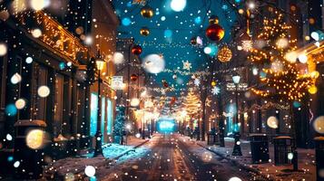 Festive winter street with Christmas lights and snowflakes. Concept of holiday decorations, winter wonderland, seasonal celebration, magical night photo