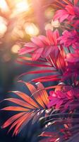 Bright summer tropical botanical background with colorful palm leaves and bokeh effects. Trendy wallpaper with vibrant colors. Copy space. Mockup for design. Vertical format photo