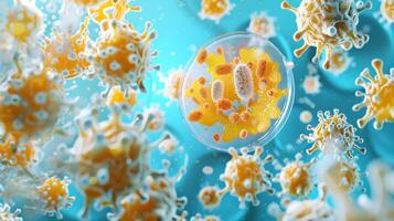 Close-up of various microorganisms in a petri dish under a microscope. Microbes and cells. Concept of biology, laboratory research, microbiology, cellular organisms photo