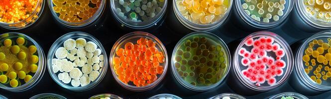 Various colorful bacterial cultures in petri dishes. Scientific experiment in microbiology. Concept of science, biology, laboratory research, medical studies photo